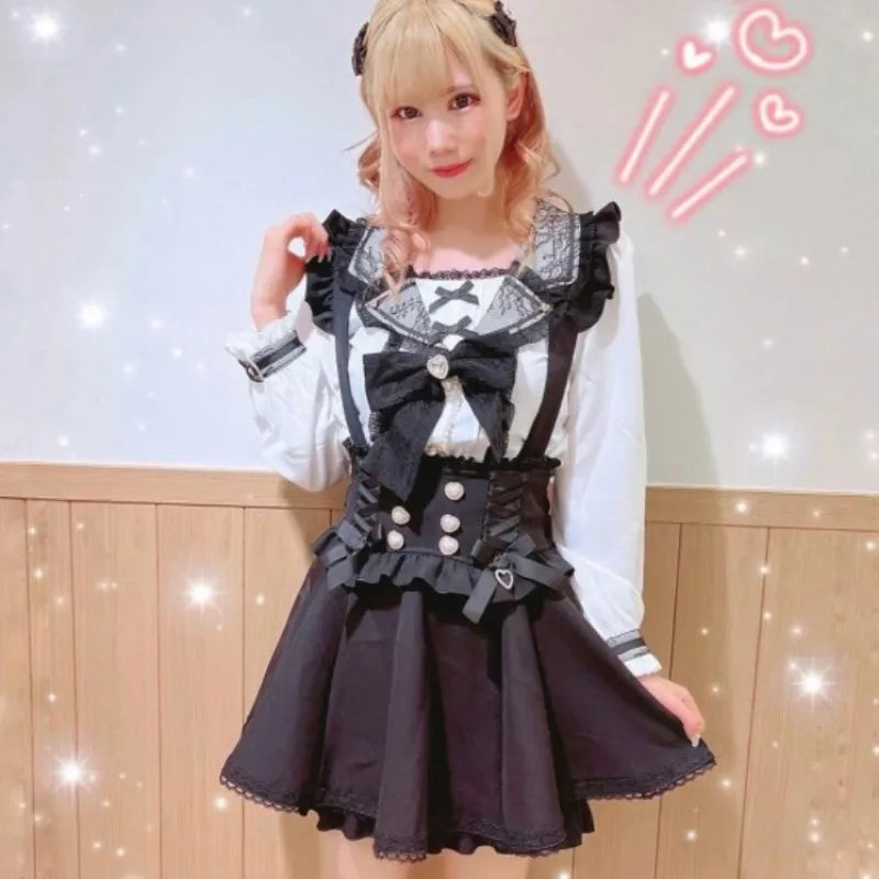 Japanese Gothic Lolita Ribbon Short Suspender plaid Skirt Girls Sweet Cute Lace A-Line Mini Skirts summer2024 black solid kawaii