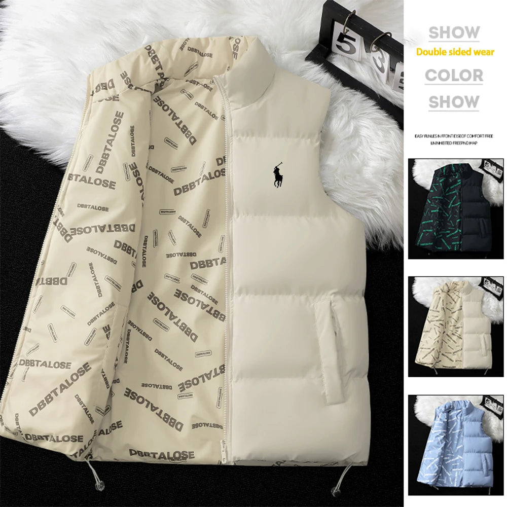 Embroidered men's double-sided vest winter sleeveless jacket, thick and warm, sporty and fashionable top, casual street jacket