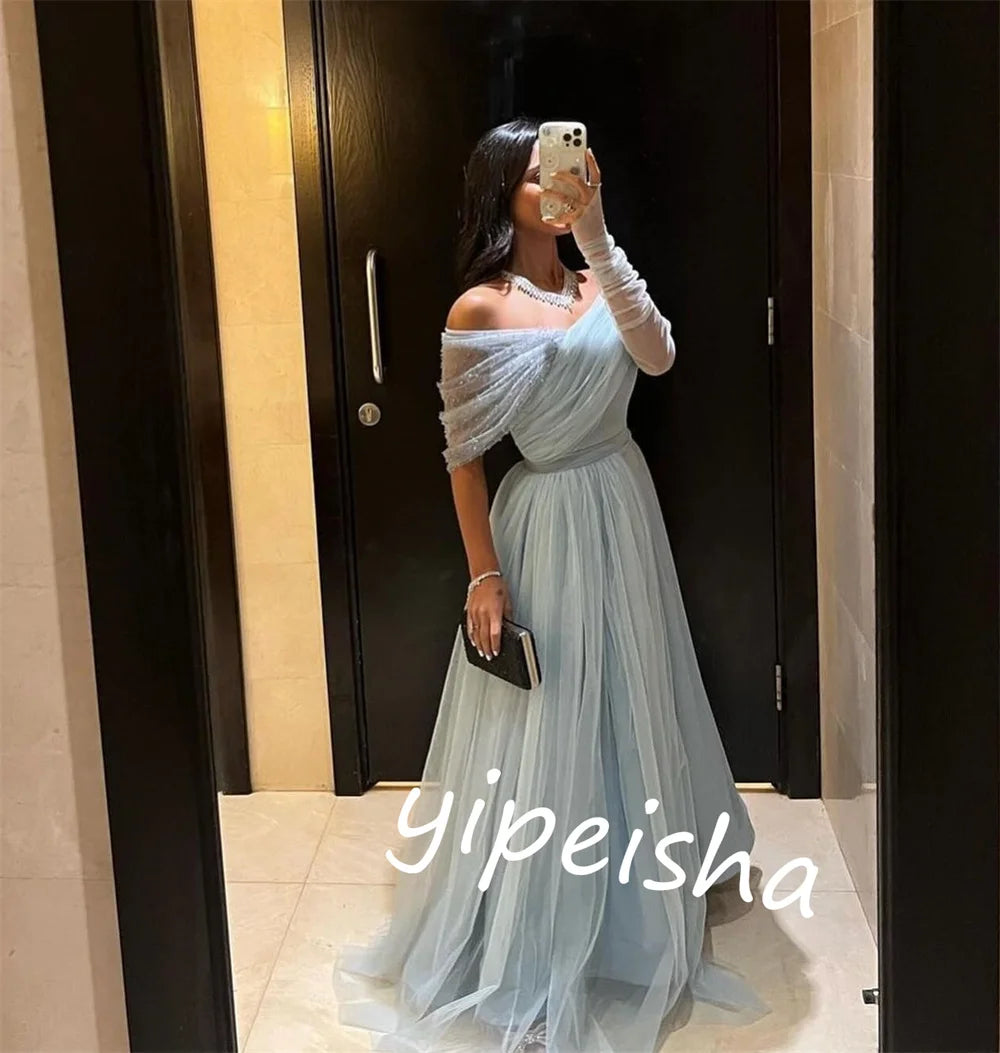 Customized Jersey Pleat Evening A-line Off-the-shoulder Bespoke Occasion Gown Long Dresses