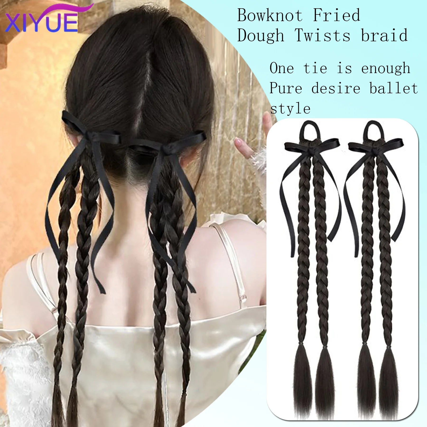 XIYUE  Synthetic Braided Twist Braids ponytail Hair Extension Black Natural Wig Long Ponytail Hair Band Rubber Band Women's Wig