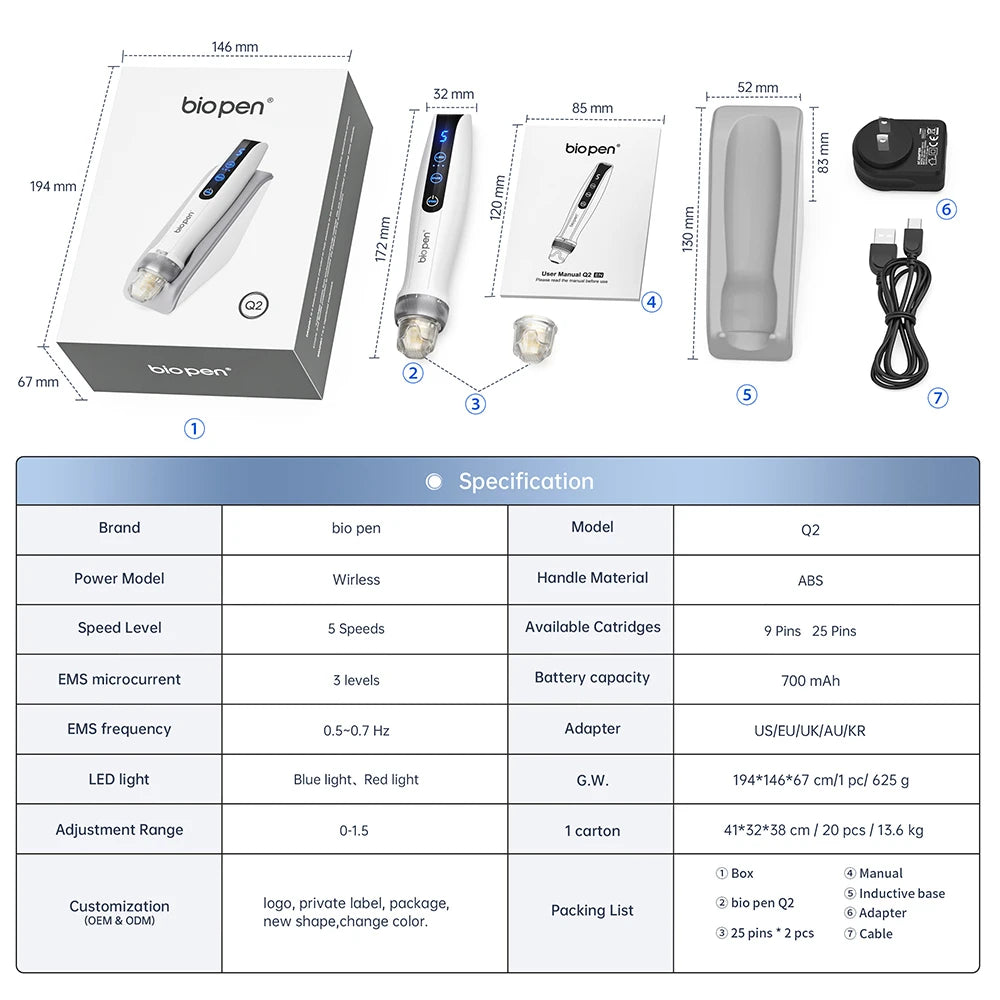 Newest Multifunctional Beauty Machine Wireless Microneedling Pen + Blue Red Light Therapy + EMS Micro Current Skin Care Tool Q2