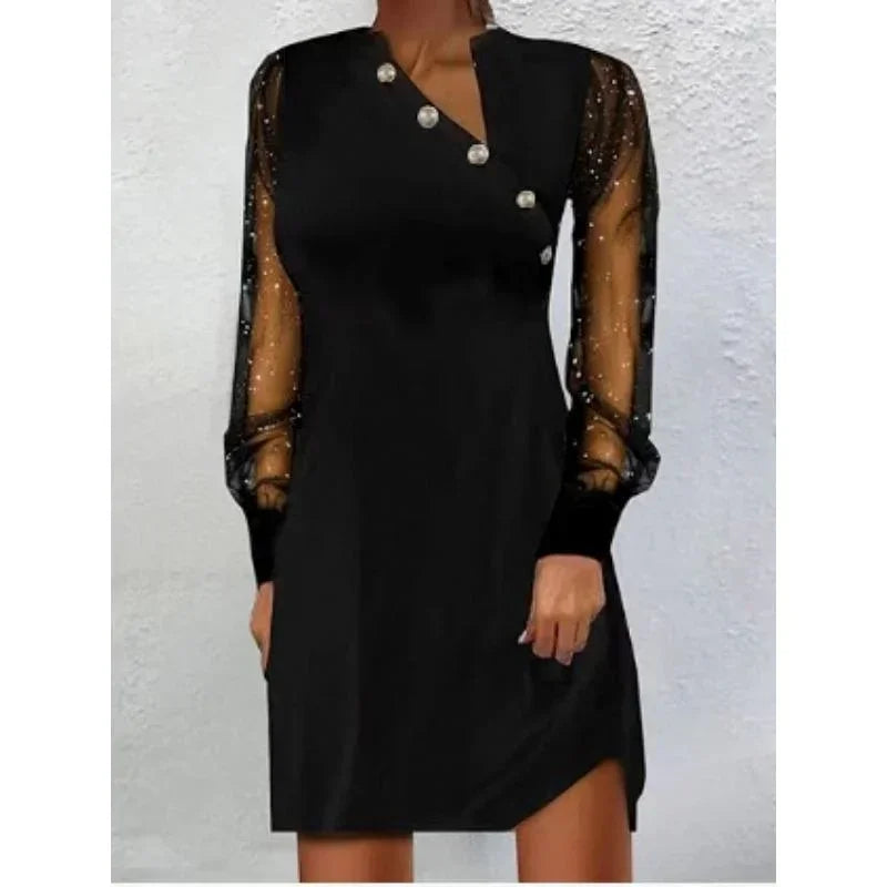 Elegant Black Midi Dress Women Asymmetric V-neck Button Chic Sequin Perspective Sleeve Dresses Female Formal Occasion Dress