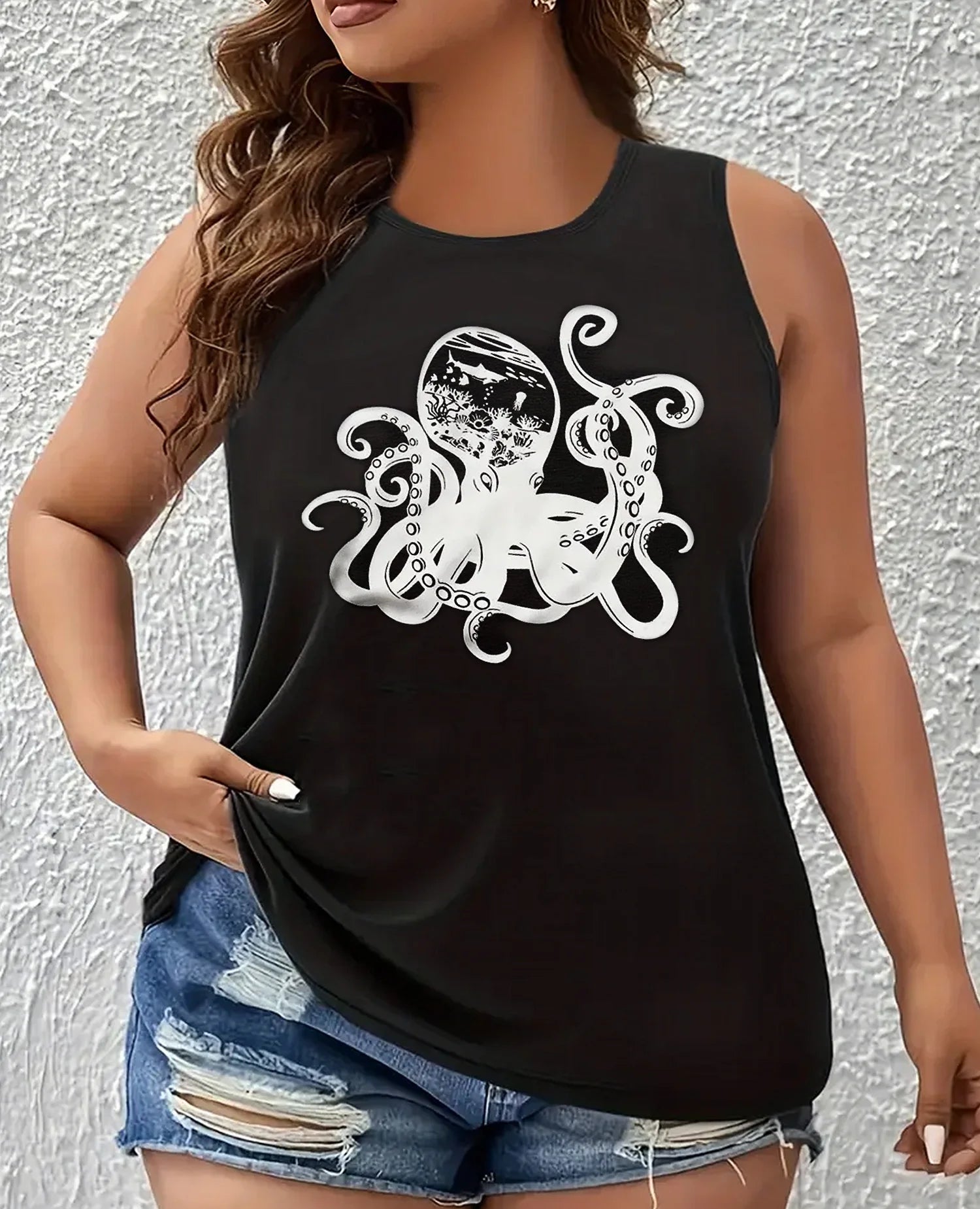 Plus Size Women's Graphic Vest Octopus Print Loose Round Neck Summer Sleeveless Tops Street Black Oversize Tank Tops 3XL 4XL 5XL