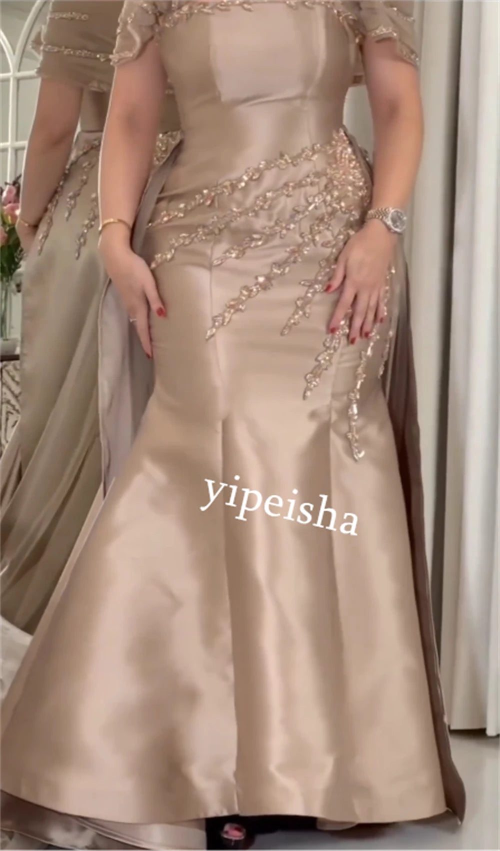 Jiayigong  Satin Sequined Valentine's Day Trumpet Off-the-shoulder Bespoke Occasion Gown Long Dresses Saudi Arabia