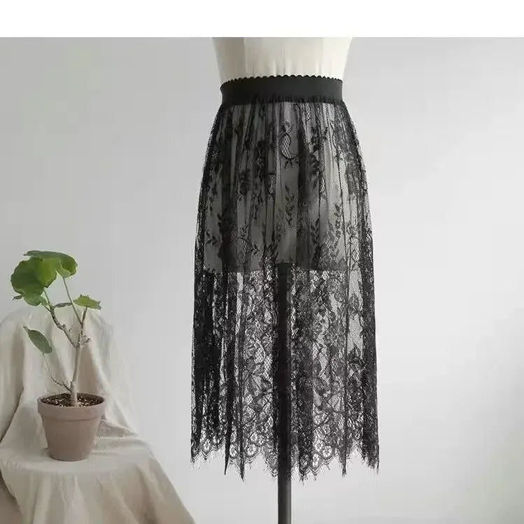 2 Length Elegant Black Skirt White Lace Transparent Long Tulle Skirt Ladies Elastic High Waist Beach Midi Skirt Drop shipping