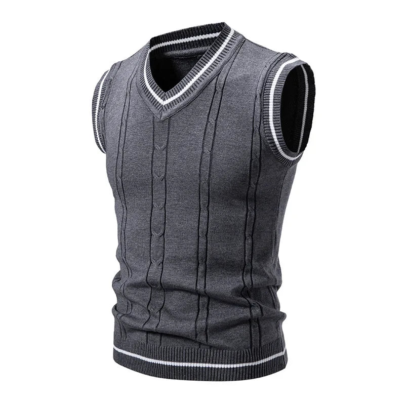 Autumn Winter Men's Knit Vests V-Neck Sleeveless Slim Fit Knitted Pullovers Men Fashion Patchwork Smart Casual Sweater Vest Man