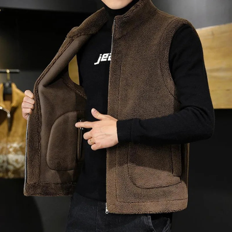 Men Fashion Casual Thicken Gilets Winter New Lamb Wool Coat Warm Vest Male Jacket Can Be Worn On Both Sides Sleeveless Waistcoat