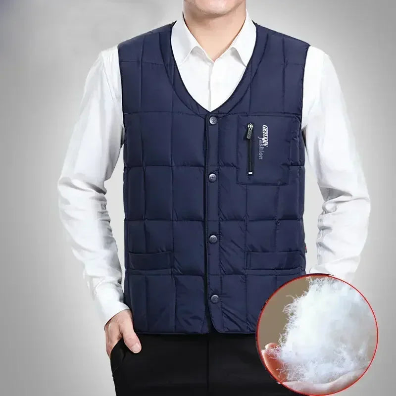 Lightweight Duck Down Warm Vest for Men Winter V-neck Sleeveless Warm Jacket Male Button Down Vest Coat Fashion Casual Waistcoat