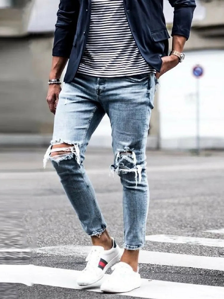 2023Hot Sale Fashion Street Style Ripped Skinny Jeans Men Vintage Solid Denim Trouser Mens Casual Slim Fit Pencil Denim Pants