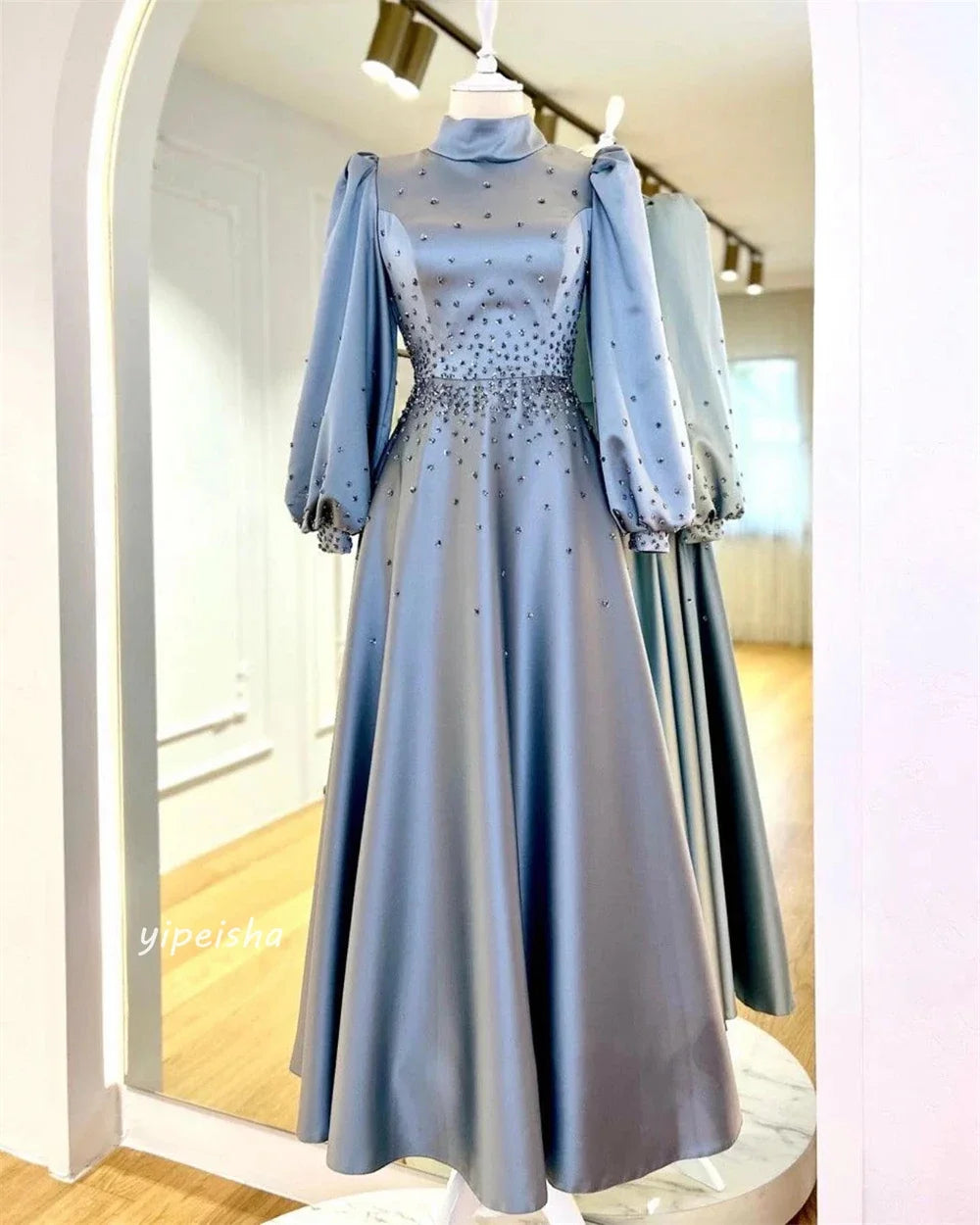 Customized Prom Formal High Collar A-line Beading Draped Ankle-Length Satin Sequined Ruched Saudi Arabia Occasion Dress Evening