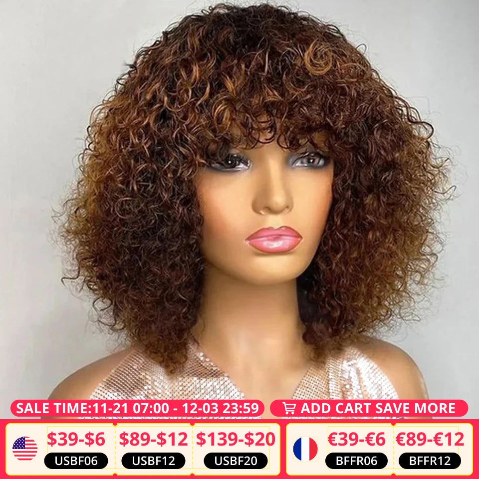 Short Pixie Bob Cut Human Hair Wigs With Bangs Jerry Curly Full Machine Wig Highlight Honey Blonde Colored Wigs For Women