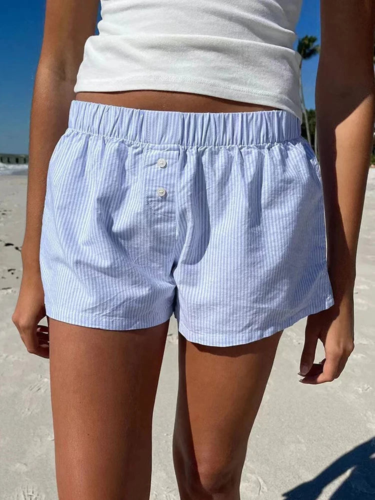 Lace Patchwork Stripes Shorts Women Cotton Buttons Elastic High Waist Casual Straight Short Pants Sweet Bow Summer Sweatshorts