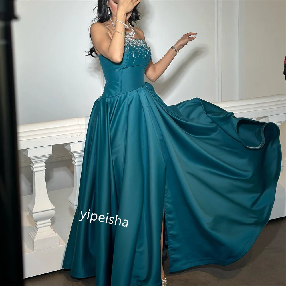 Customized  Evening Satin Beading Draped Cocktail Party  Gown Strapless Bespoke Occasion  Long Dresses Saudi Arabia