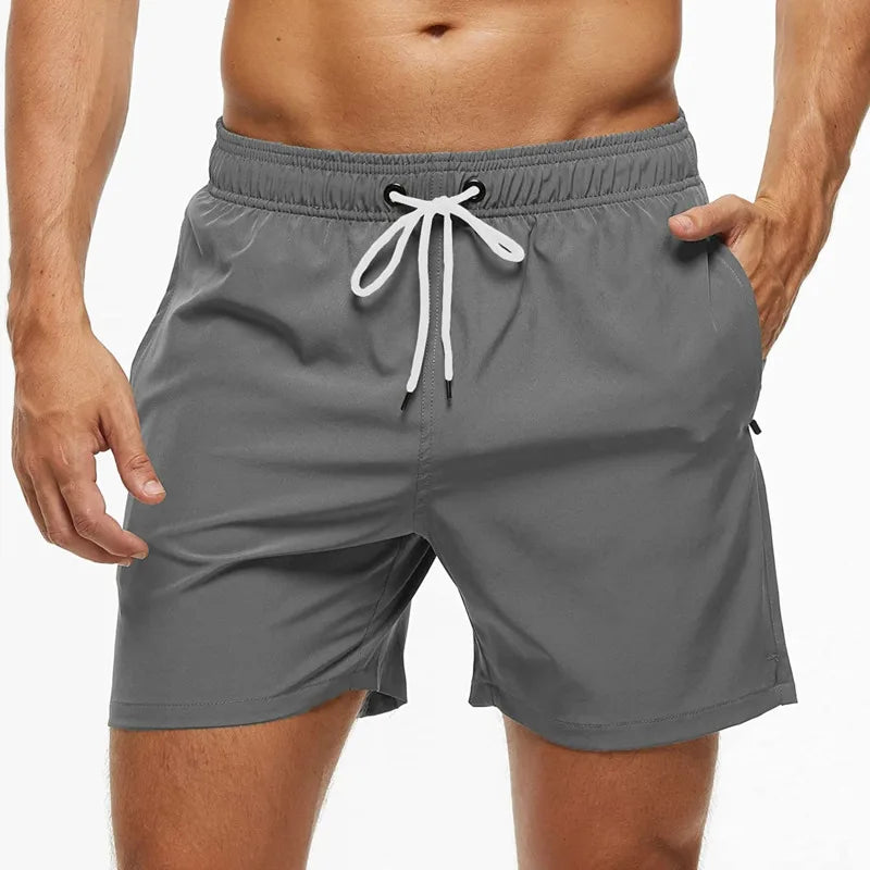 Summer  Men's Swim Trunks  Beach Shorts Elastic Closure Quick Dry Short Pants With Zipper Pockets