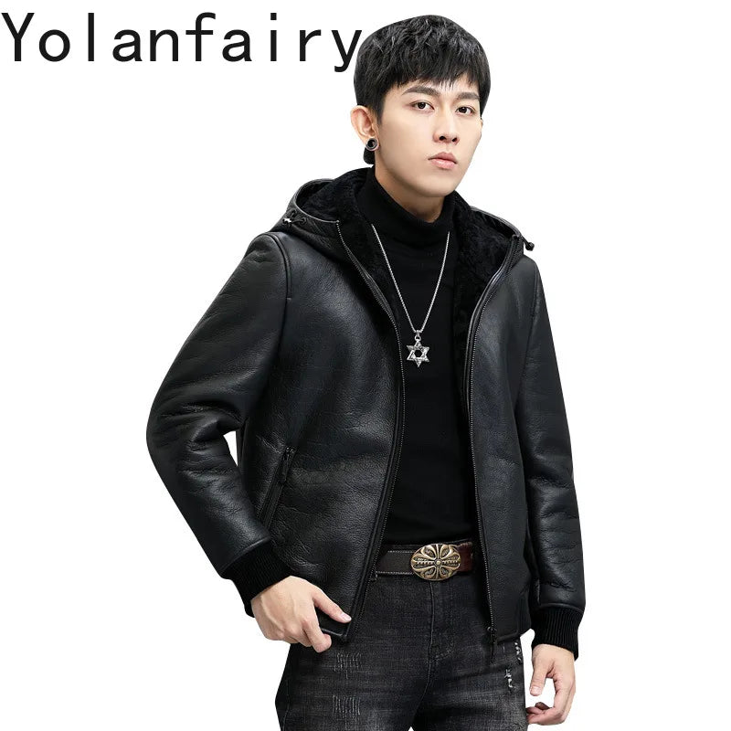 YOLANFAIRY Natural Sheepskin Man Jacket Real Fur Coats Winter Clothes Leather Jacket With Hood Fleece Jacket Men муж куртка 2024