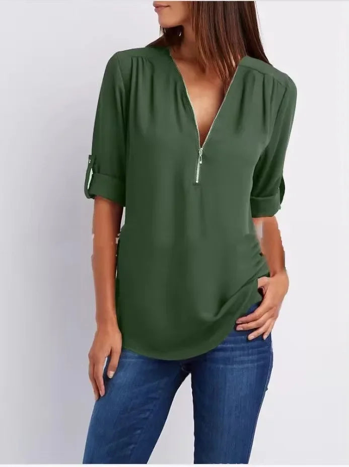 2024 Hot Sale Women Cool Loose Shirt Deep V Neck Chiffon Fashion Blouse Casual Ladies Tops Sexy Zipper Pullover Plus Size