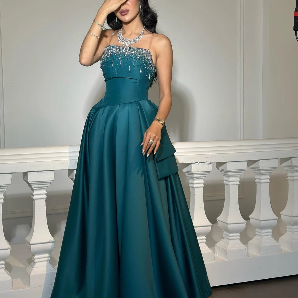 Customized  Evening Satin Beading Draped Cocktail Party  Gown Strapless Bespoke Occasion  Long Dresses Saudi Arabia