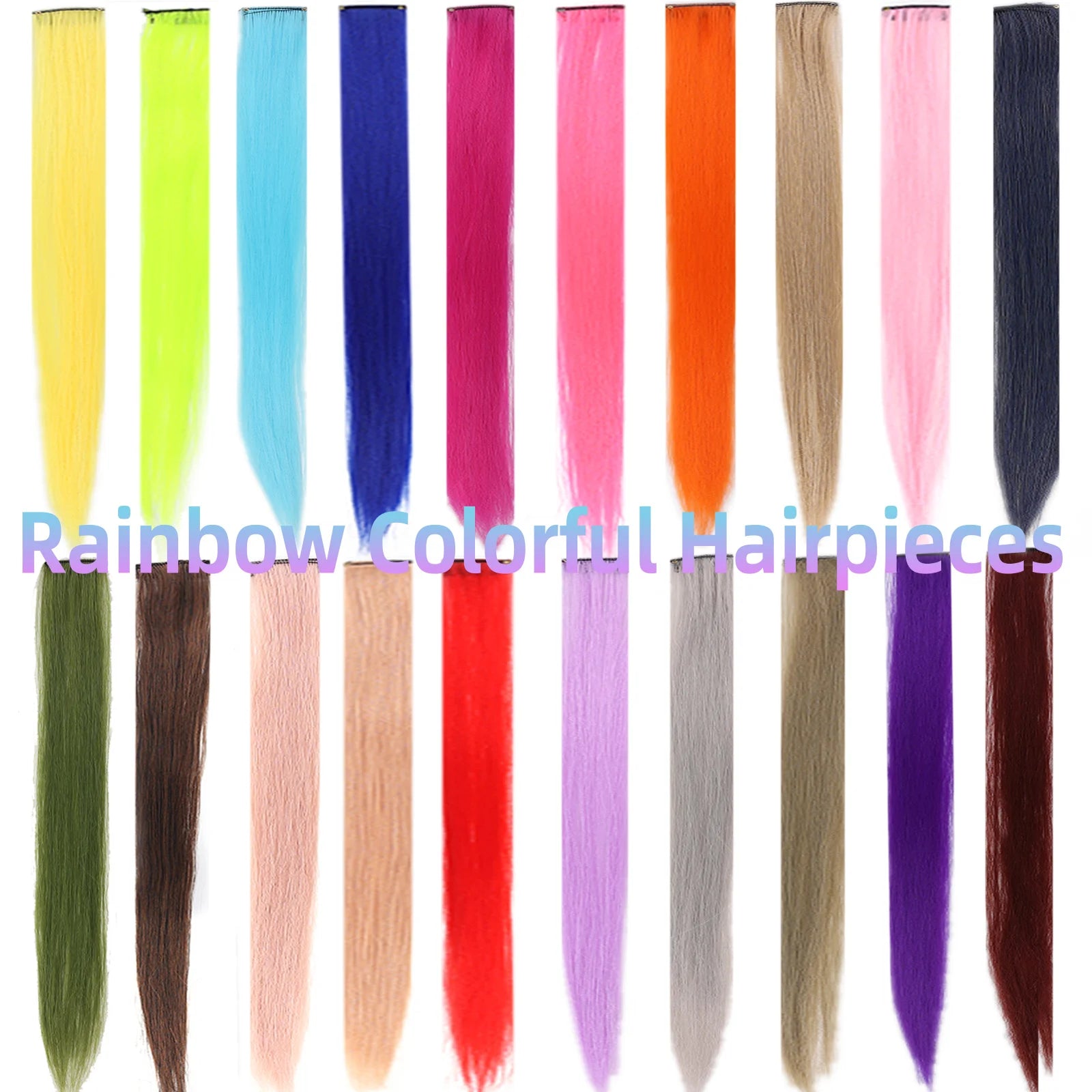 LUPU 22 Inch Synthetic Colored Highlight Hair Extensions Rainbow Long Straight Hairpieces for Women Kids Girls Purple Pink Blue