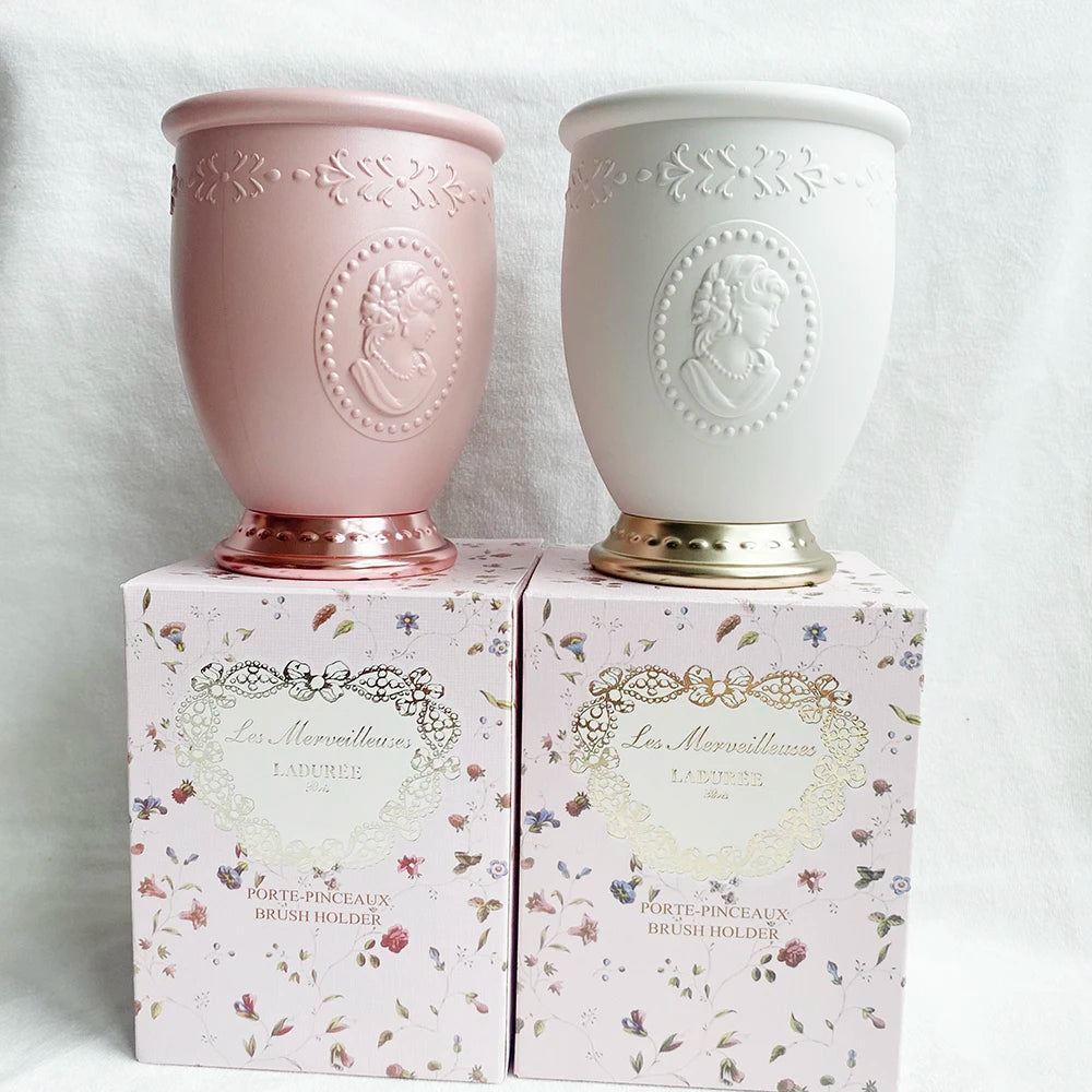 Laduree Queens Brush Holders / Mirror - White Pink Luxurious Makeup Brushes Cylinders Storage Containers