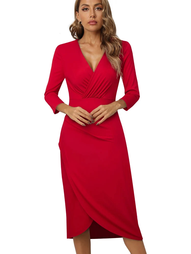 Nice-Forever Autumn Women Chic Low Cut Plain Wrap Dresses Formal Occasion Elegant Bodycon Dress B750