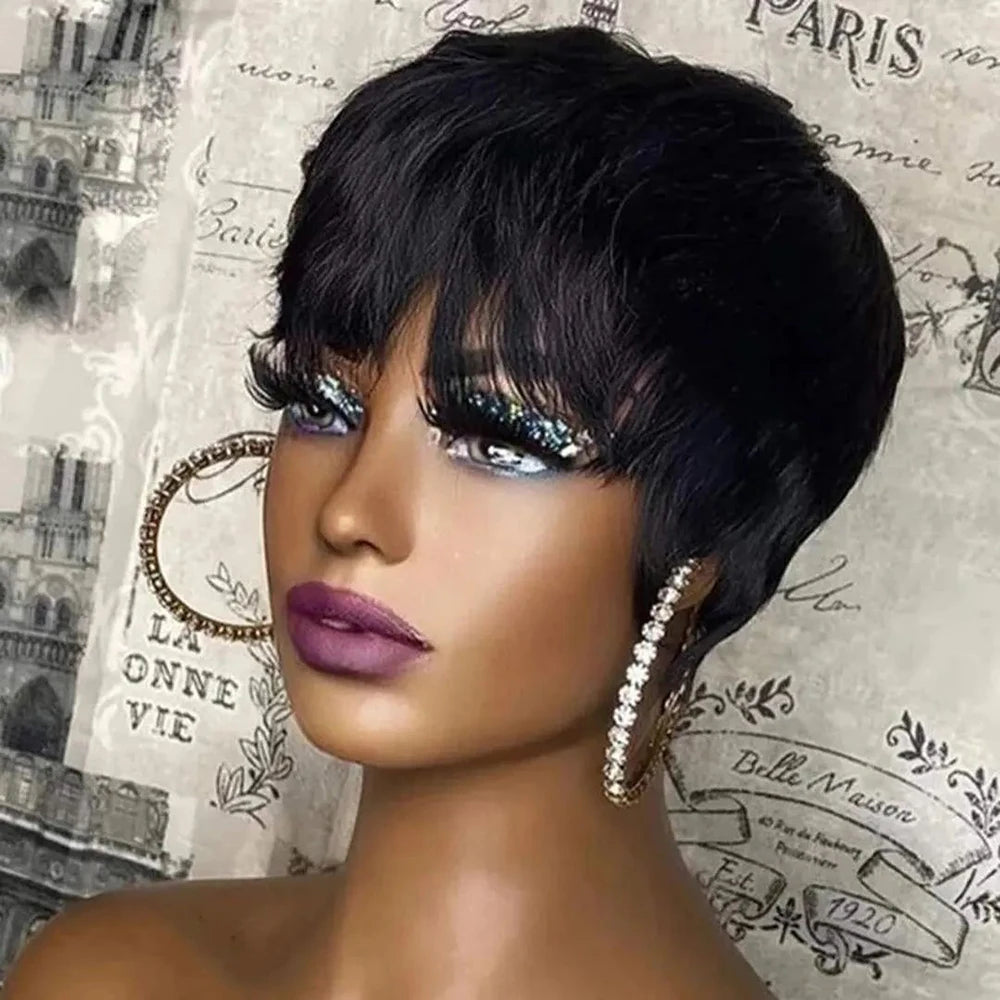 Short Pixie Cut Wig Human Hair For Black Women Machine Made Wigs With Bangs Short Wig Human Hair Wigs