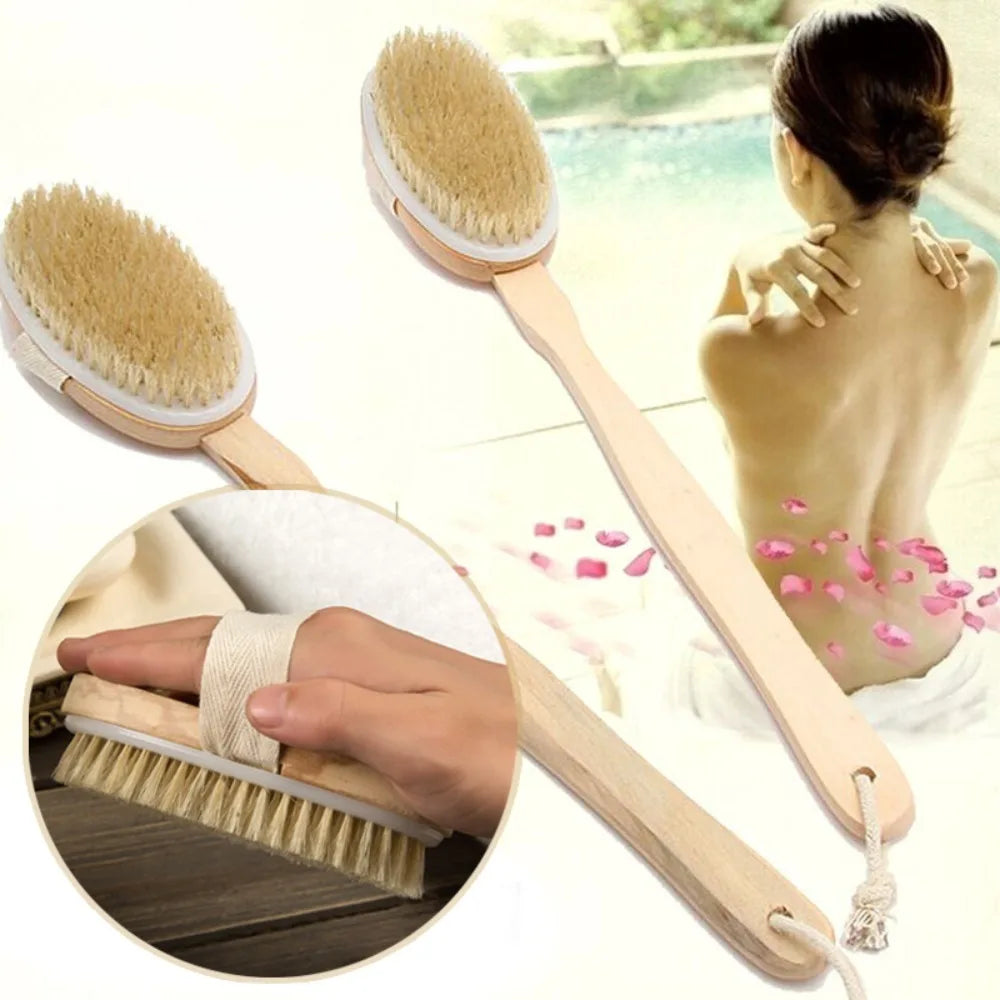 1Pc Wooden Detachable Long Handle Shower Body Brush Bathroom Wash Brush Bathing Massage Back Body Exfoliating Brush Bath Tools