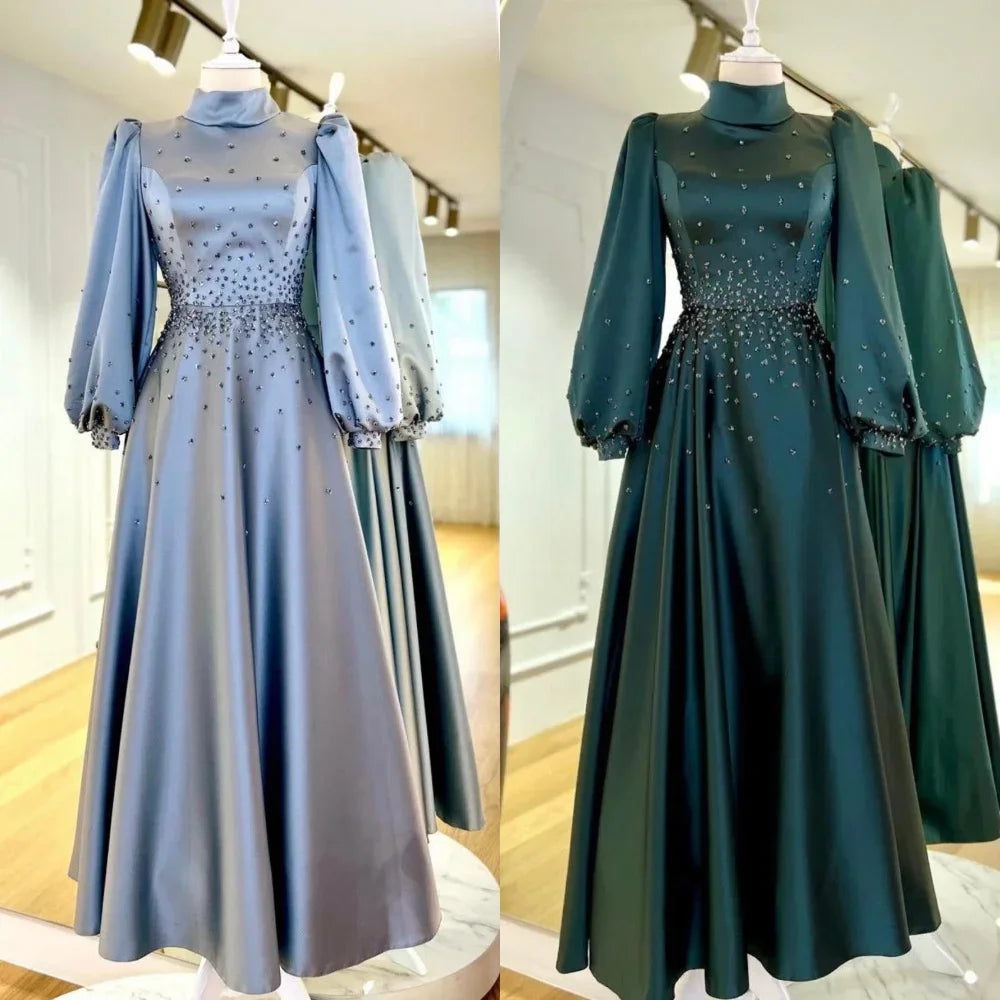 Customized Prom Formal High Collar A-line Beading Draped Ankle-Length Satin Sequined Ruched Saudi Arabia Occasion Dress Evening