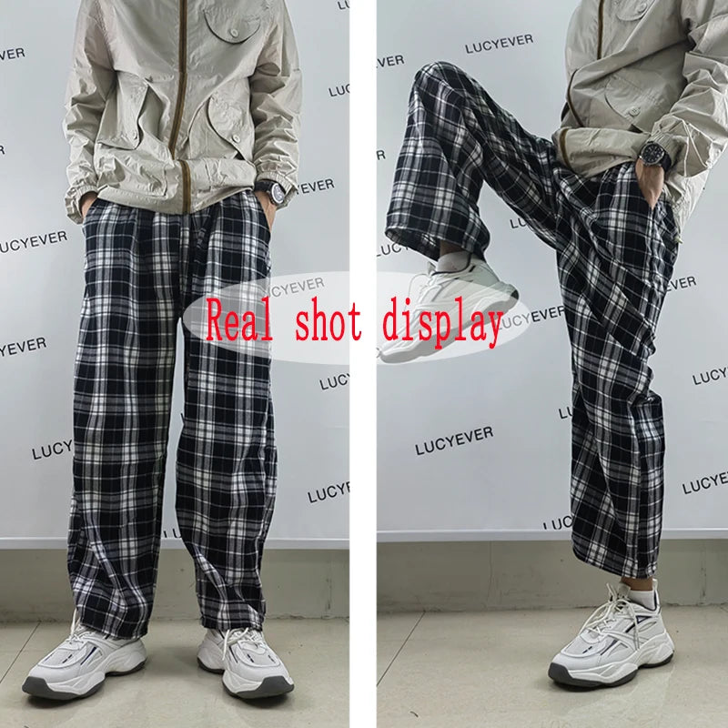 Harajuku Black White Plaid Pants Women 2024 Oversized Wide Leg Trousers Female Korean Style High Waist Checkered Pants Female