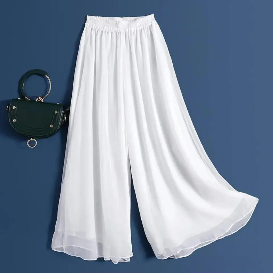 New Summer White Drape Chiffon Wide-Leg Pants Casual Chiffon Trousers Pants Women Clothing Loose High Waist Slim Skirt bd67