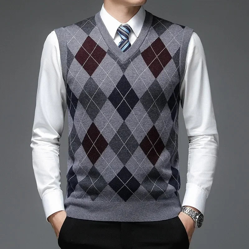 5 Colors!2023 Men's Autumn and Winter V-neck with Wool Vest Sleeveless Knit Sweater Checker Printing Vest Sweaters