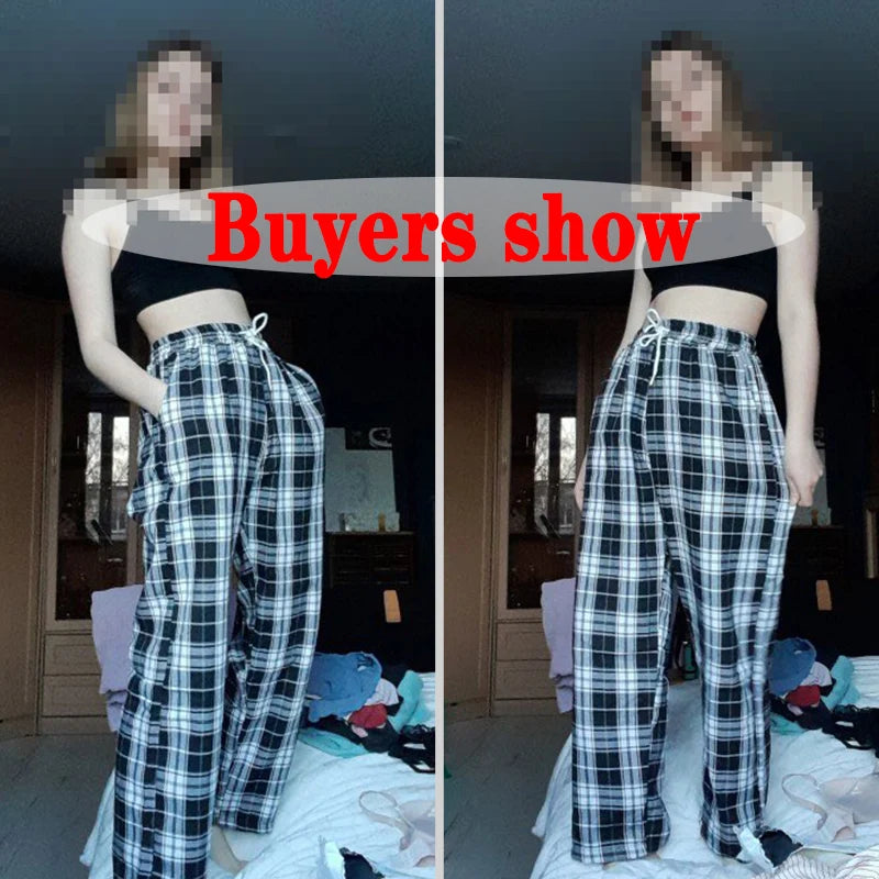 Harajuku Black White Plaid Pants Women 2024 Oversized Wide Leg Trousers Female Korean Style High Waist Checkered Pants Female