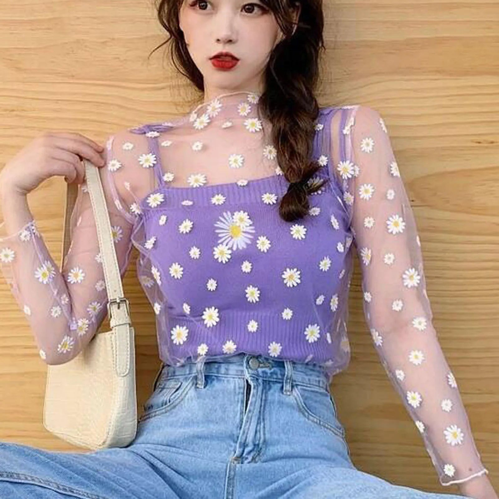 Daisy Print Perspective Blouse Shirt Casual Sesy Mesh Sunscreen Tops Casual Summer Ladies Female Long Sleeve Women Blusas Пиджак