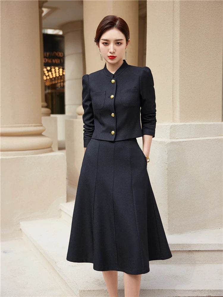 Long Sleeve Career Office Blazer Set for Women Crop Top Swing Skirt Suits 2 Pieces Matching Outfits Short Sets Spring Fashion