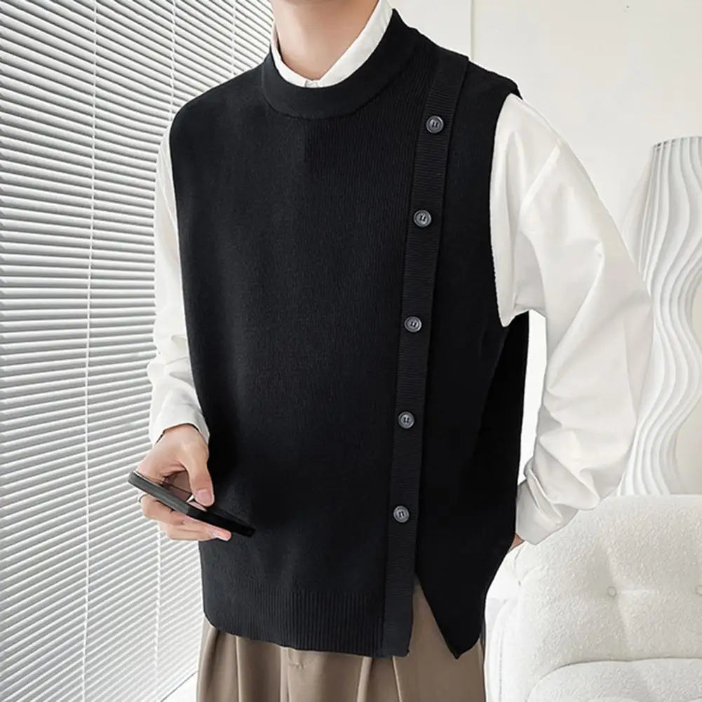 Men Vest Men's Casual Solid Color Knitted Sweater Vest with Buttons Sleeveless Round Neck Cardigan for Fall Winter Fashion