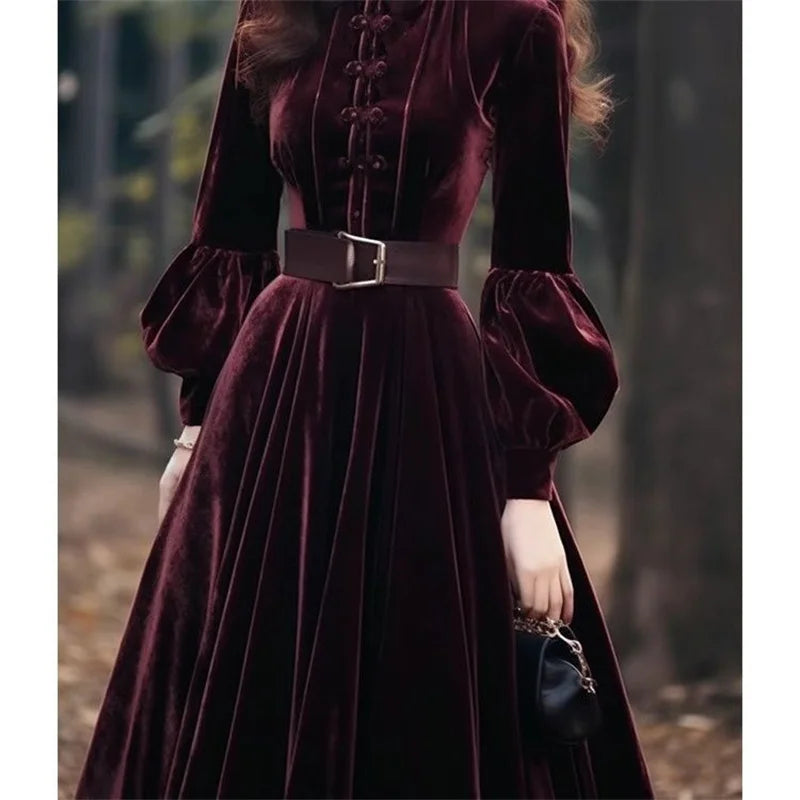 Autumn Winter New Chinese Fashion Chinese Formal Occasion Dress Female Long Dress Style Super Beautiful Purple Red Velvet Dress