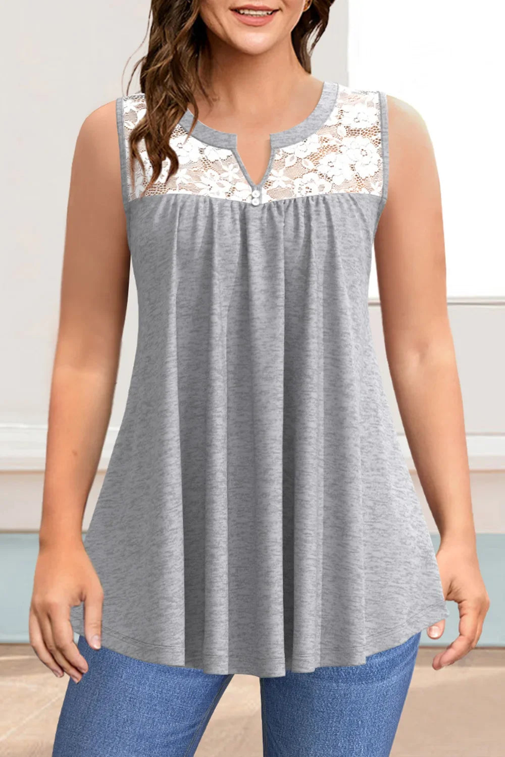 Flycurvy Plus Size Casual Grey Lace Stitching Decorative Button Fold Tank Top