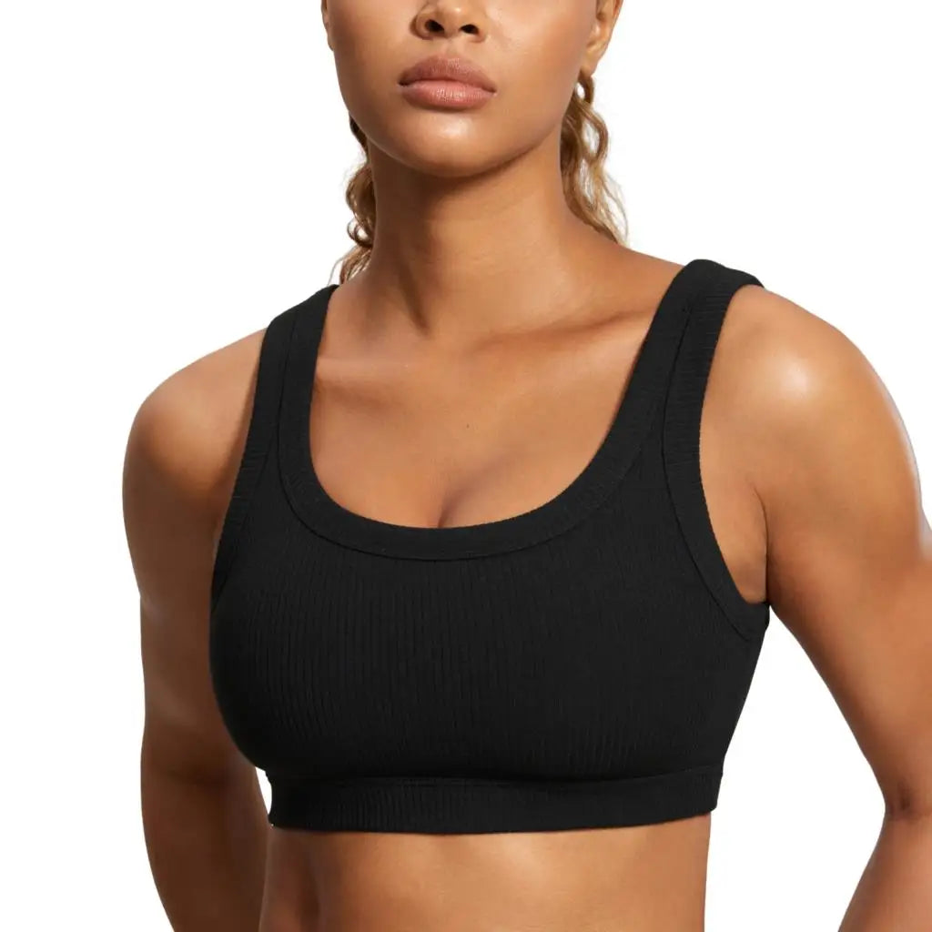 CRZ YOGA Ribbed Sports Bras for Women - U Back Wireless Medium Impact Sports Bra Padded Yoga Workout Bra