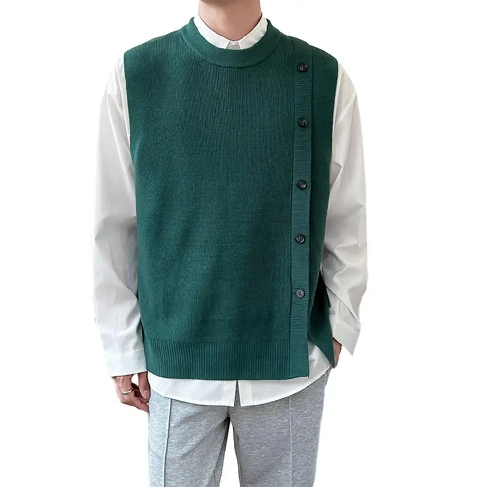 Men Vest Men's Casual Solid Color Knitted Sweater Vest with Buttons Sleeveless Round Neck Cardigan for Fall Winter Fashion