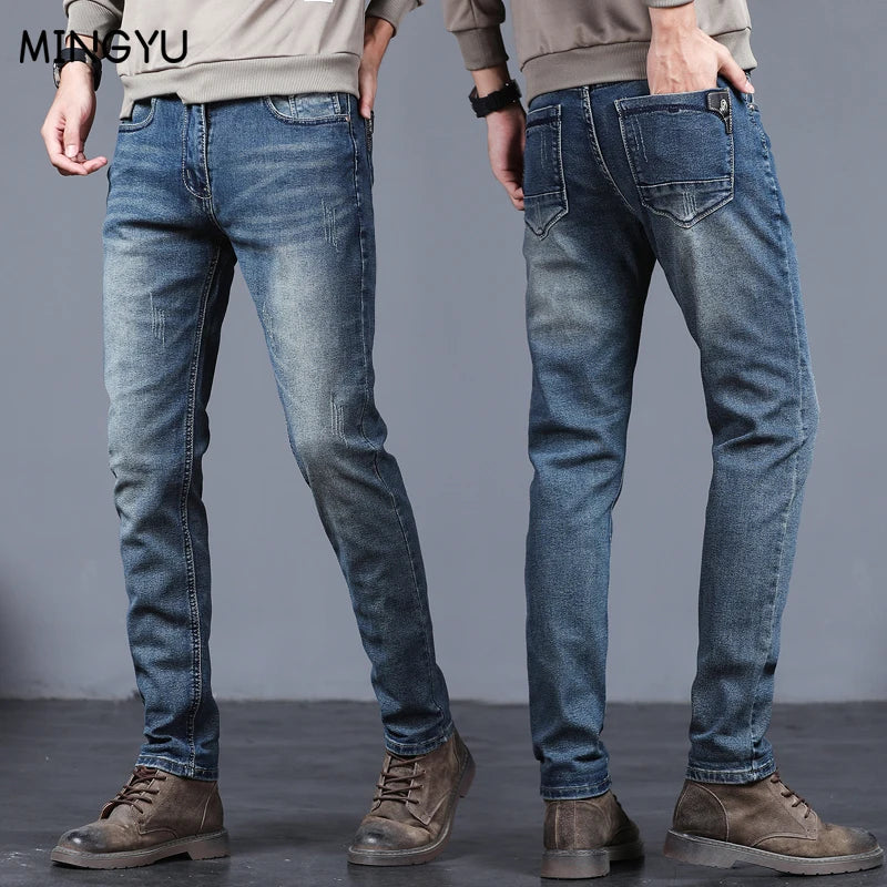 2024 Brand Clothing Biker Jeans Men Streetwear Long Slim Denim Pant Skinny Mid Waist Slight Elastic Cotton Trousers Male 27-36