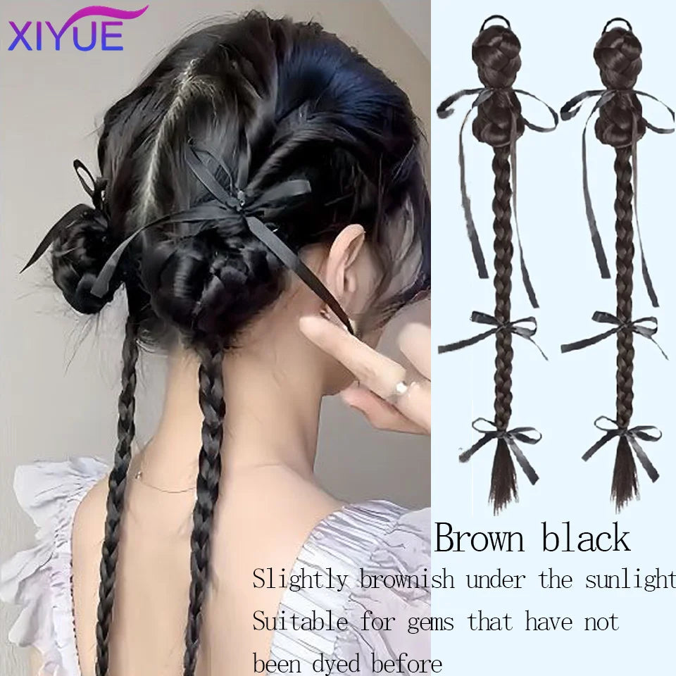 XIYUE  Synthetic Braided Twist Braids ponytail Hair Extension Black Natural Wig Long Ponytail Hair Band Rubber Band Women's Wig