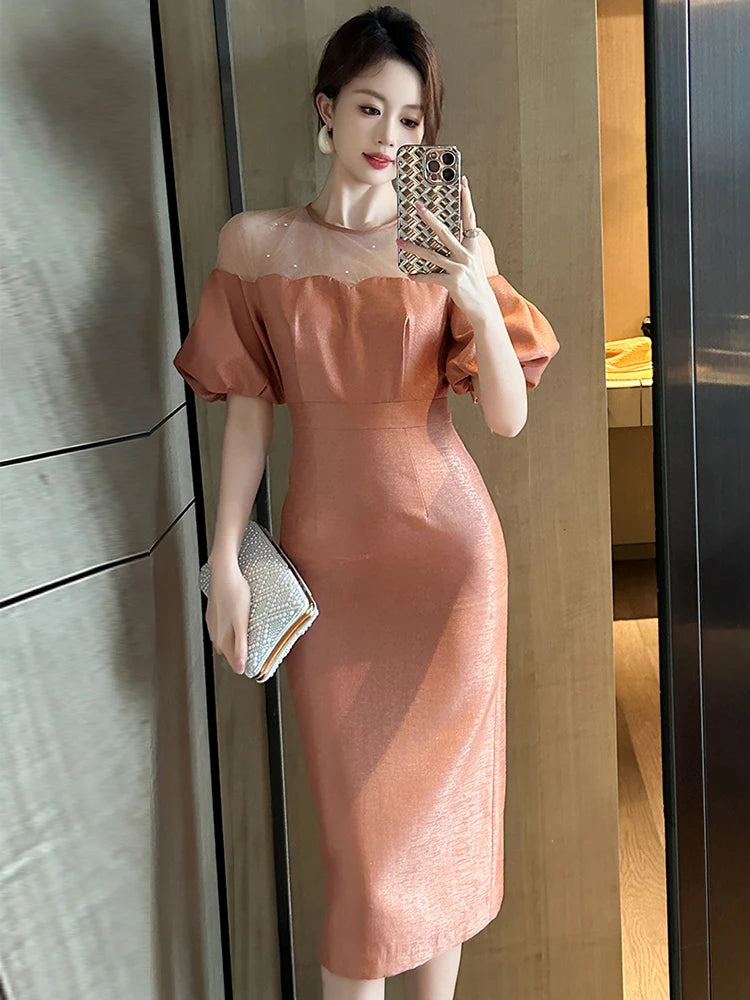 Work Style Formal Occasion Dress Women Clothes Commute Elegant Office Retro Sheer Sexy O-Neck Puff Sleeve Midi Pencil Vestidos