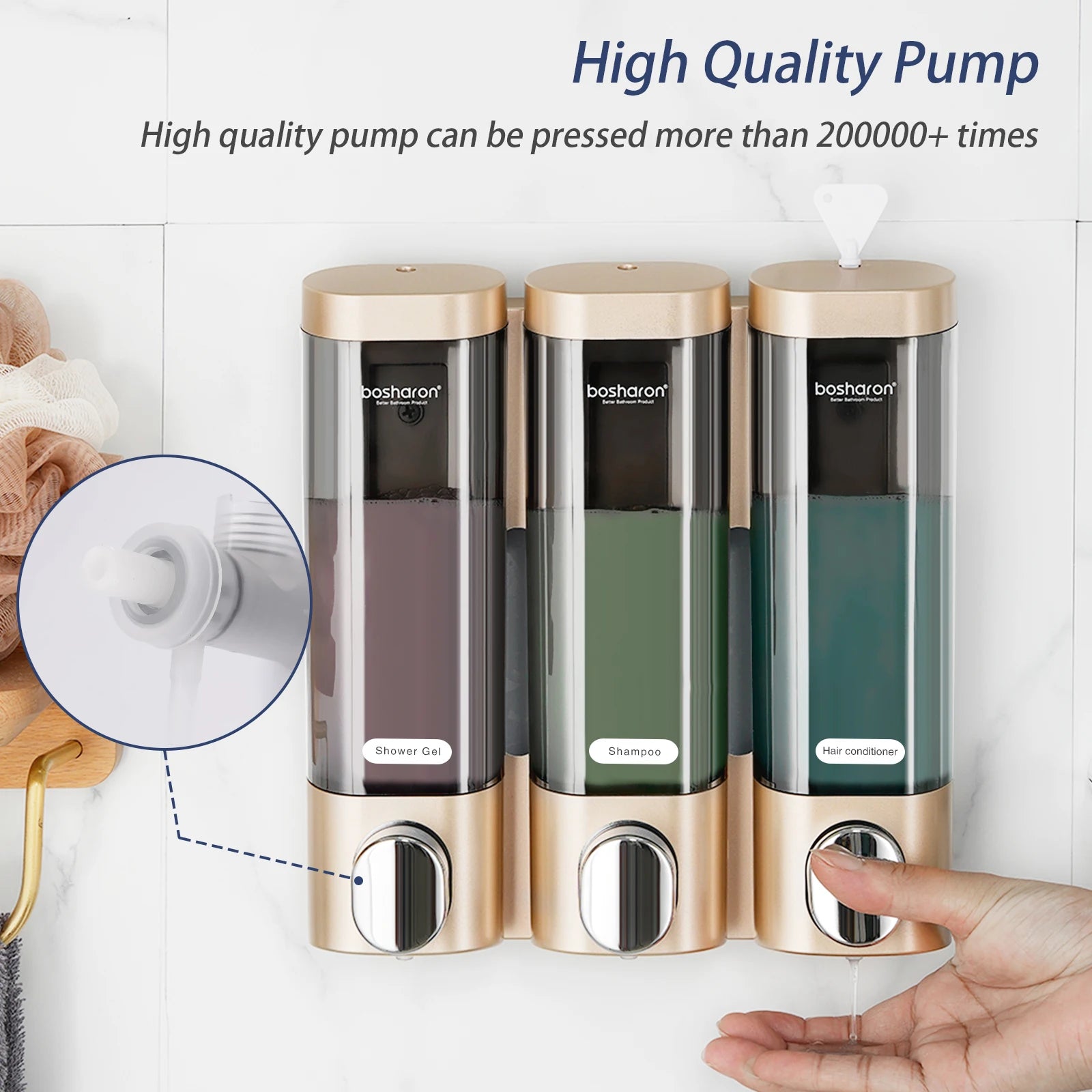 Wall mount soap dispenser 300 ml*3 in 1 Bathroom ABS Plastic manual Shower Gel Laundry Conditioner liquid Shampoo Dispenser OEM