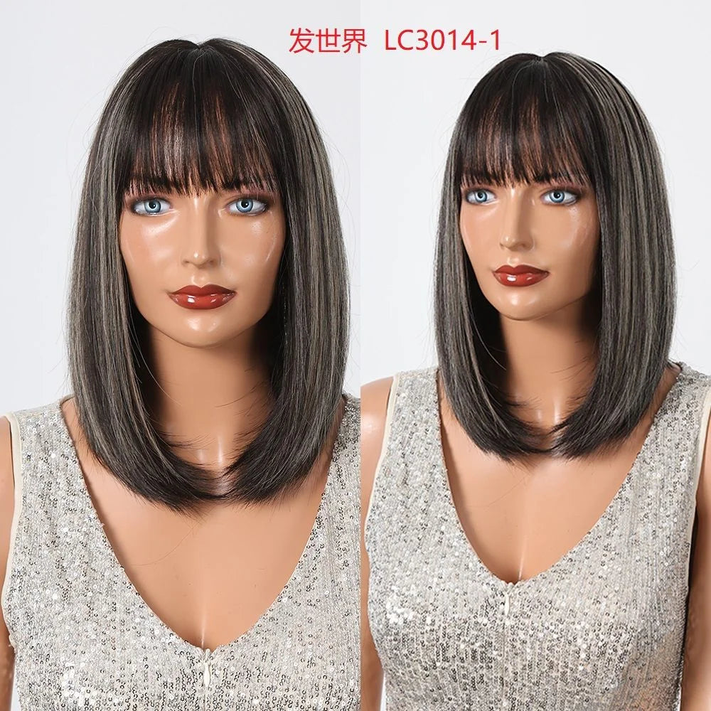 EASIHAIR Fashion Brown Blonde Highlight Synthetic Wigs Straight Hair with Bangs for Women Cosplay Daily Heat Resistant  Bob wig