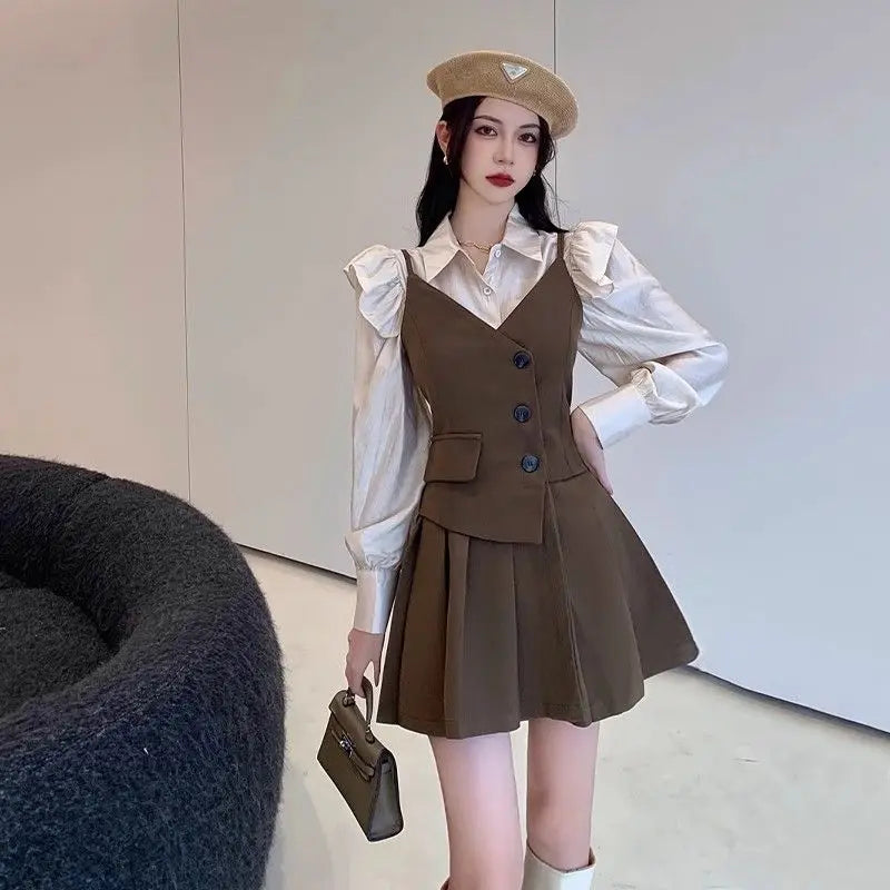 2024 Spring Autumn Women's Clothing Matching Sets Englad Style Retro Button Sling Suits Mini Dress Shirts Two Piece Outfits