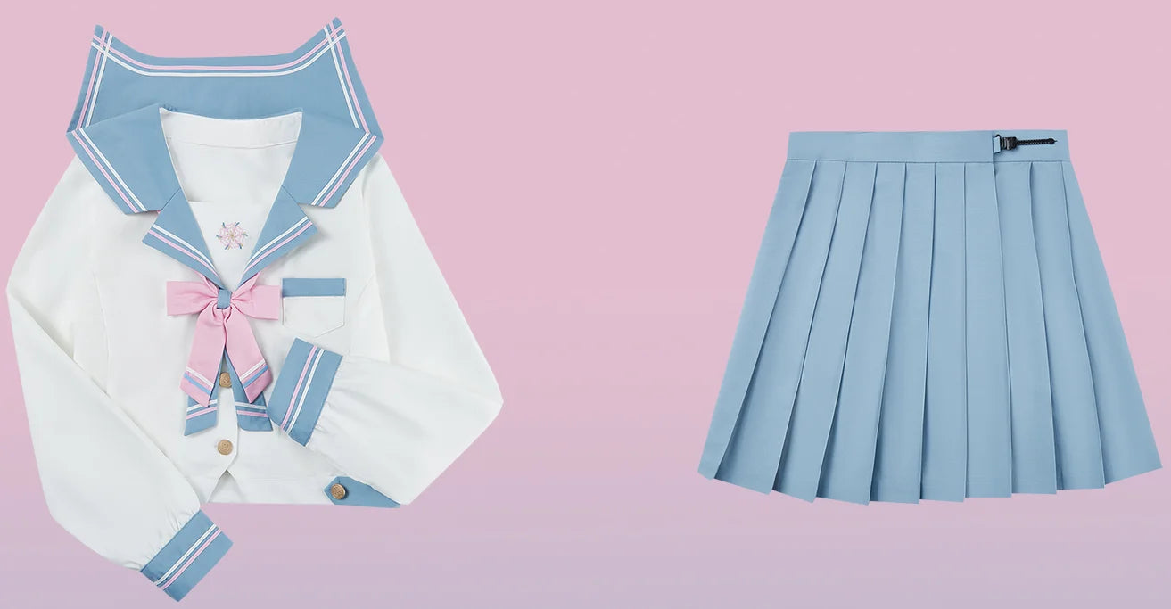 Japanese Style JK Uniform Sailor Collar Cute Sweet Blue and White Color Matching Long Short Sleeves Top Pleated Skirt Suit Girls