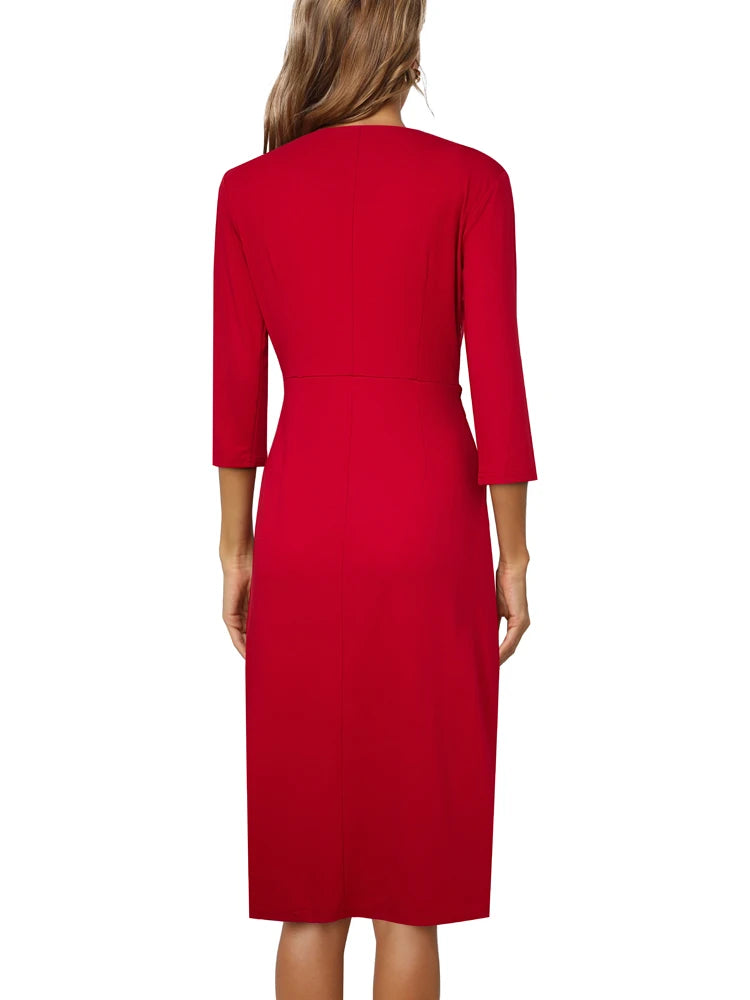 Nice-Forever Autumn Women Chic Low Cut Plain Wrap Dresses Formal Occasion Elegant Bodycon Dress B750