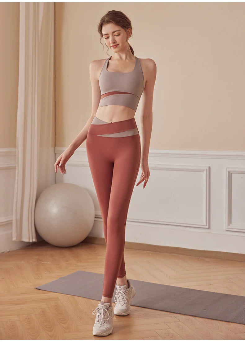 Panelled high-waisted women's peach hips and abdomen tight, cross-running, sports, fitness, yoga trousers