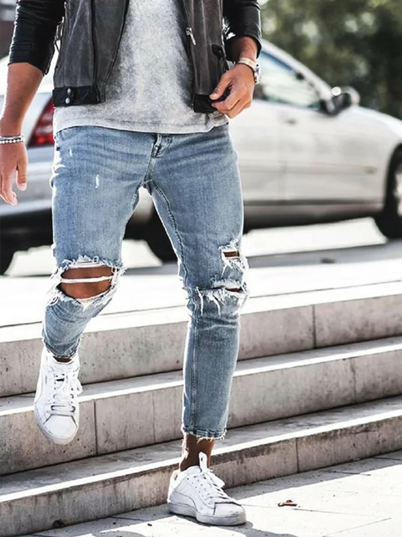 2023Hot Sale Fashion Street Style Ripped Skinny Jeans Men Vintage Solid Denim Trouser Mens Casual Slim Fit Pencil Denim Pants