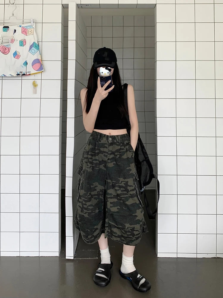 Fashion Women Camouflage Mid Shorts High Waist Camo Multipocket Baggy Jeans Shorts Femme Party Cool Loose Wide Leg Cargo Shorts