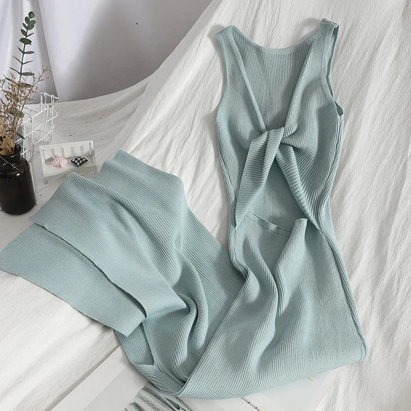 OCEANLOVE Korean Knitted Robe Femme Summer V Neck Sleeveless Kink Hollow Out Sexy Slim Bodycon Dress Split Fork Long Vestidos